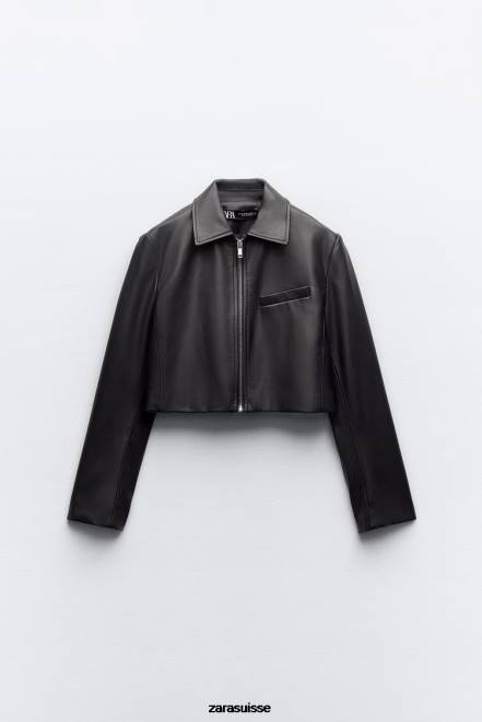 Zara vêtements P66V47 femmes veste courte en similicuir noir