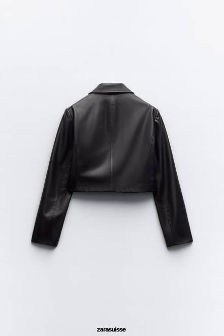 Zara vêtements P66V47 femmes veste courte en similicuir noir