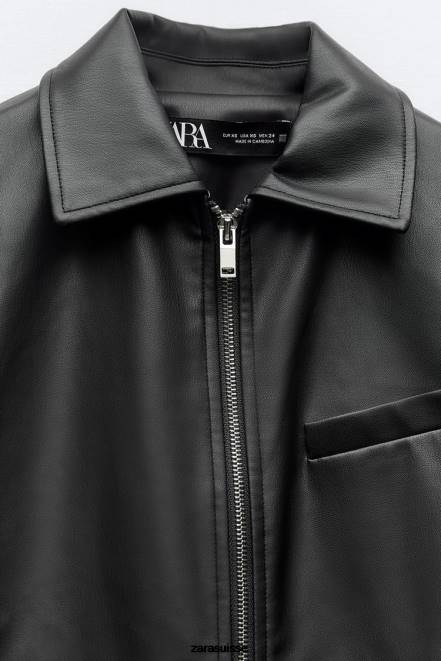 Zara vêtements P66V47 femmes veste courte en similicuir noir