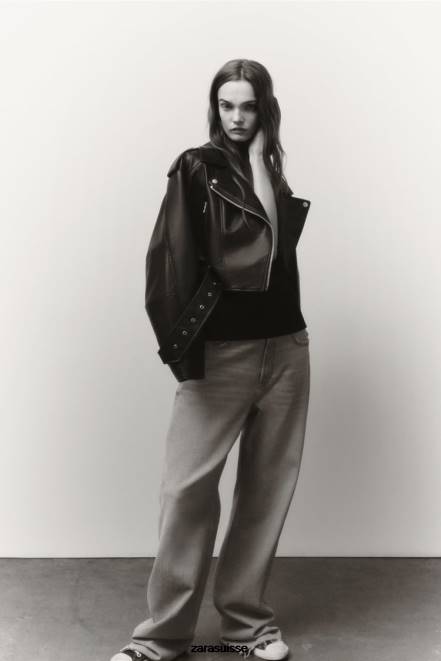 Zara vêtements P66V48 femmes veste en simili cuir noir