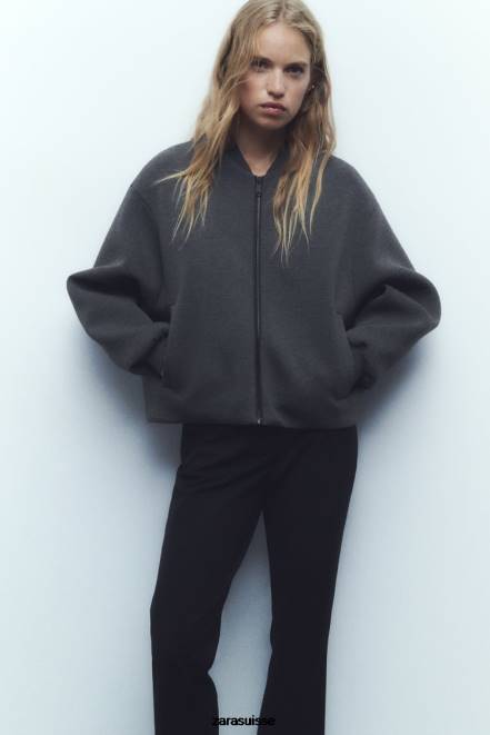 Zara vêtements P66V49 femmes blouson aviateur effet néoprène gris foncé