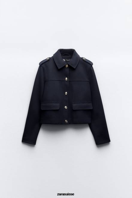 Zara vêtements P66V4 femmes veste soft touch à boutons dorés bleu marine
