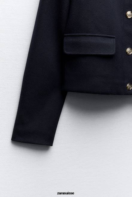 Zara vêtements P66V4 femmes veste soft touch à boutons dorés bleu marine
