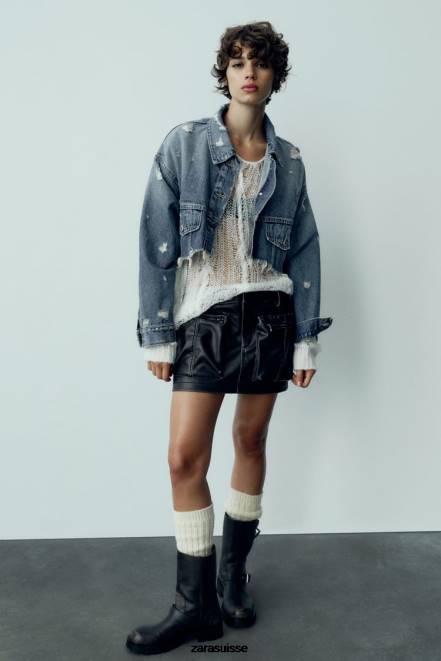 Zara vêtements P66V50 femmes veste en jean courte bleu