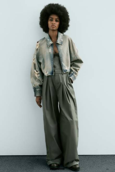 Zara vêtements P66V51 femmes veste en jean courte déchirée trf bleu