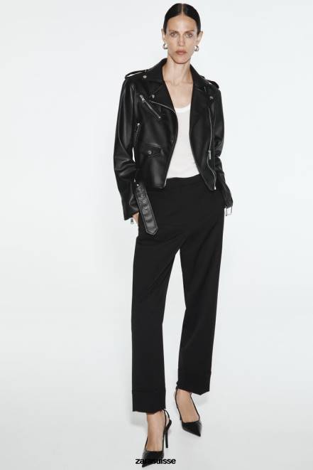 Zara vêtements P66V53 femmes veste motard en simili cuir noir