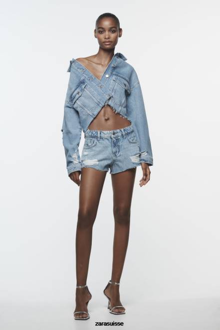 Zara vêtements P66V56 femmes veste en jean courte déchirée z1975 bleu moyen