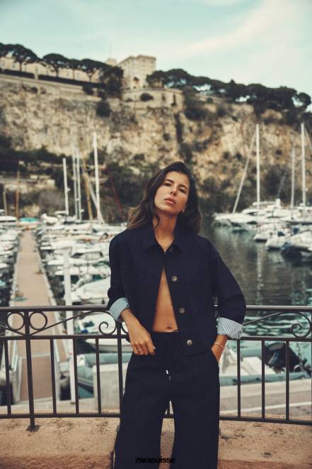 Zara vêtements P66V58 femmes veste courte en lin mélangé bleu marine