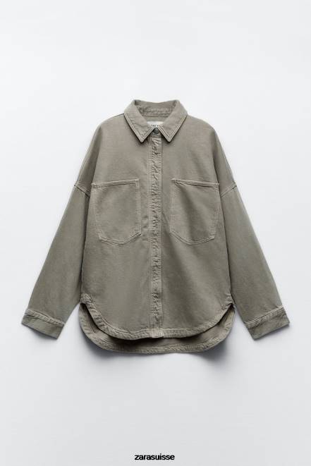Zara vêtements P66V59 femmes surchemise oversize avec poches kaki moyen
