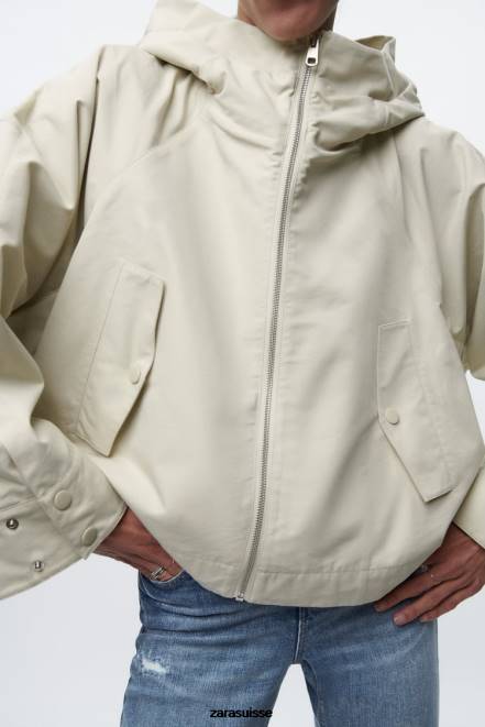 Zara vêtements P66V5 femmes parka courte à capuche écru