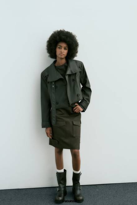 Zara vêtements P66V61 femmes trench court ciré kaki foncé