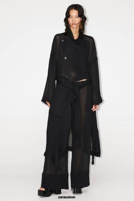 Zara vêtements P66V62 femmes trench fluide effiloché noir