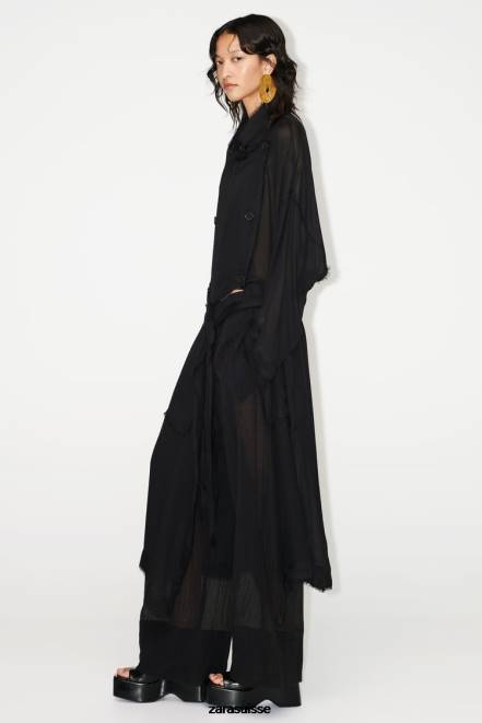 Zara vêtements P66V62 femmes trench fluide effiloché noir