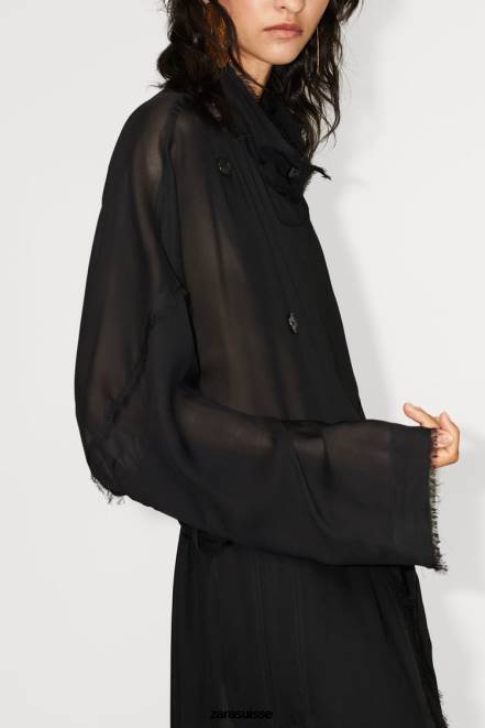 Zara vêtements P66V62 femmes trench fluide effiloché noir