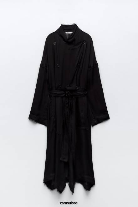 Zara vêtements P66V62 femmes trench fluide effiloché noir