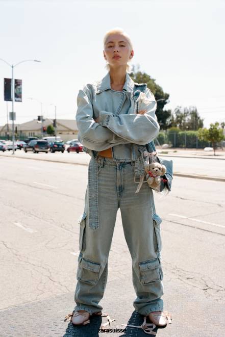 Zara vêtements P66V63 femmes veste motard en jean trf bleu clair