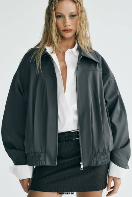 Zara vêtements P66V64 femmes bomber coupe droite déperlant gris foncé