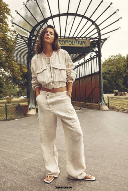 Zara vêtements P66V66 femmes bomber à poche en lin sable