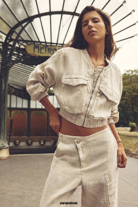 Zara vêtements P66V66 femmes bomber à poche en lin sable