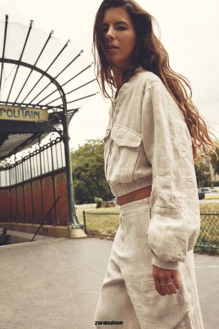 Zara vêtements P66V66 femmes bomber à poche en lin sable