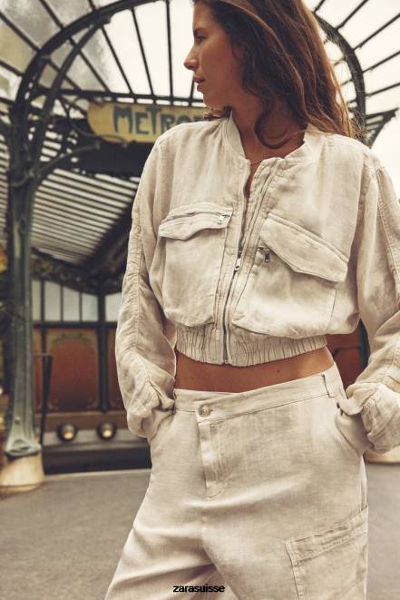 Zara vêtements P66V66 femmes bomber à poche en lin sable
