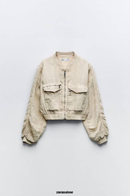 Zara vêtements P66V66 femmes bomber à poche en lin sable