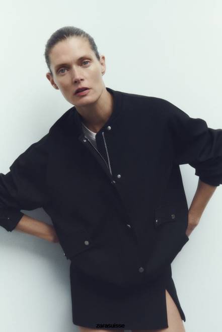 Zara vêtements P66V68 femmes veste bomber à rabat noir