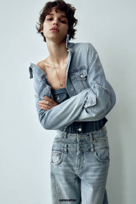 Zara vêtements P66V70 femmes veste en jean courte bleu