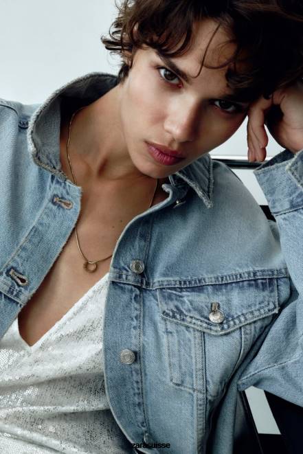 Zara vêtements P66V70 femmes veste en jean courte bleu