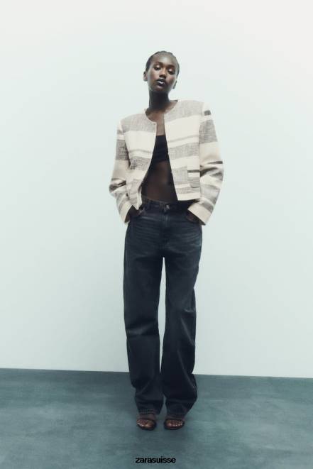 Zara vêtements P66V78 femmes blazer texturé à rayures écru/noir