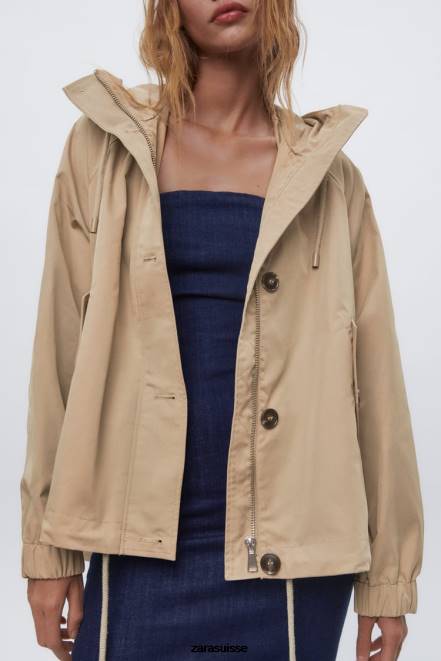 Zara vêtements P66V79 femmes parka courte boutonnée marron/taupe