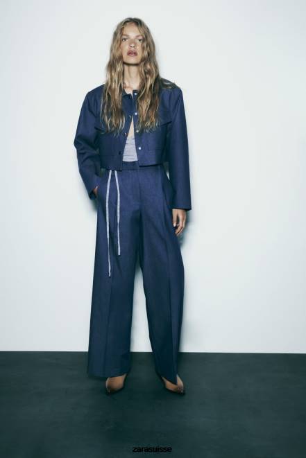 Zara vêtements P66V7 femmes veste courte à épaulettes indigo