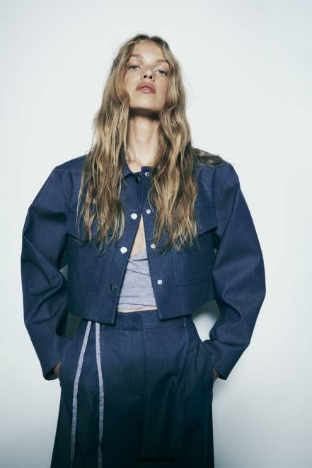 Zara vêtements P66V7 femmes veste courte à épaulettes indigo