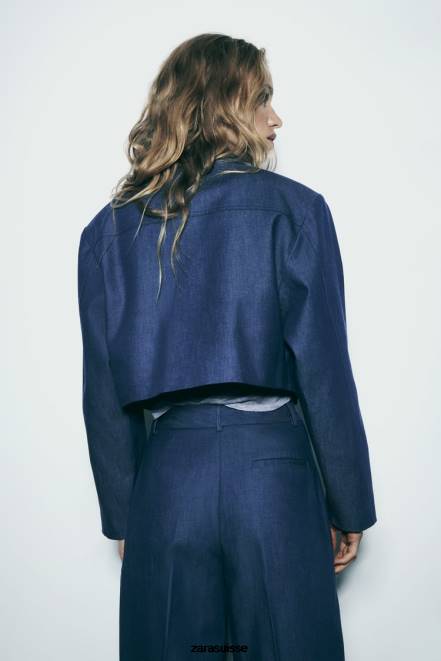 Zara vêtements P66V7 femmes veste courte à épaulettes indigo