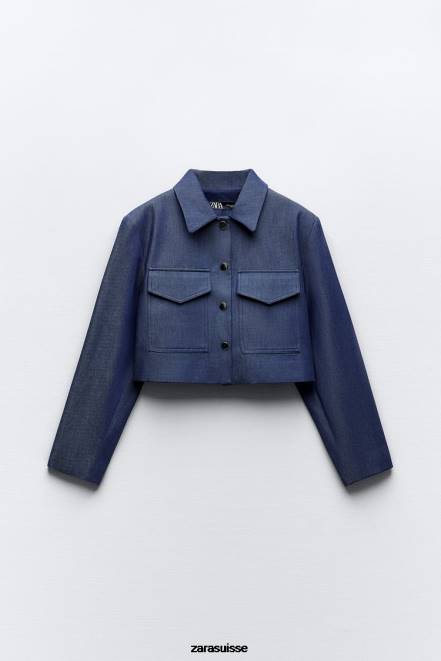 Zara vêtements P66V7 femmes veste courte à épaulettes indigo