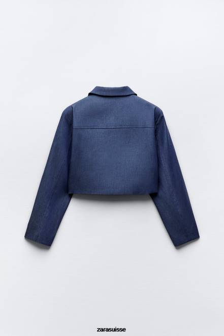 Zara vêtements P66V7 femmes veste courte à épaulettes indigo