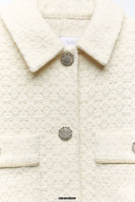 Zara vêtements P66V80 femmes veste courte à boutons bijoux écru