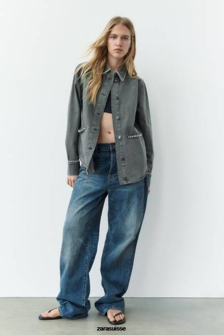 Zara vêtements P66V82 femmes surchemise oversize à strass gris