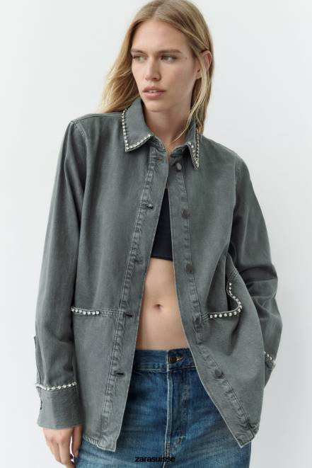 Zara vêtements P66V82 femmes surchemise oversize à strass gris