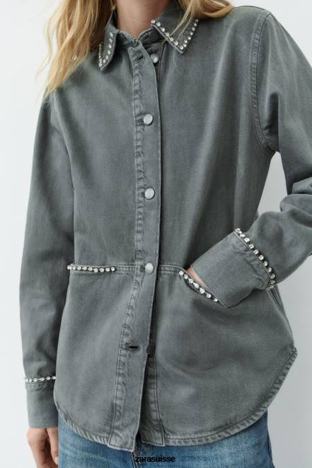 Zara vêtements P66V82 femmes surchemise oversize à strass gris