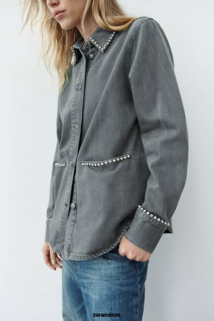 Zara vêtements P66V82 femmes surchemise oversize à strass gris