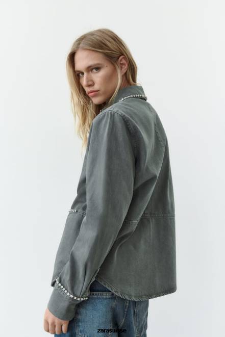 Zara vêtements P66V82 femmes surchemise oversize à strass gris
