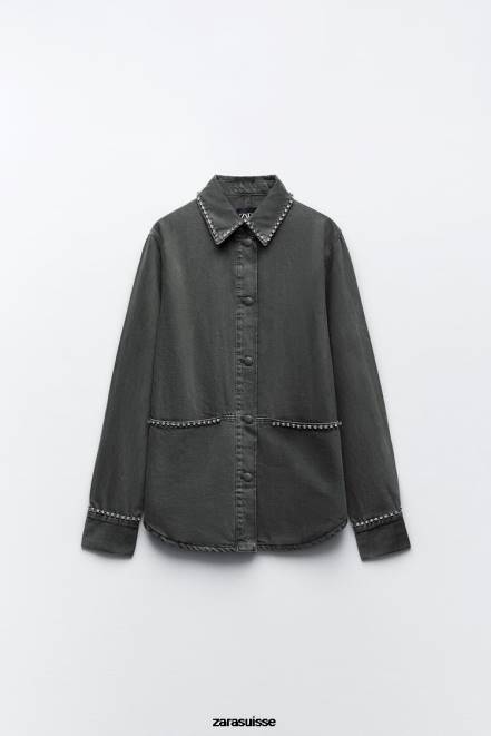 Zara vêtements P66V82 femmes surchemise oversize à strass gris