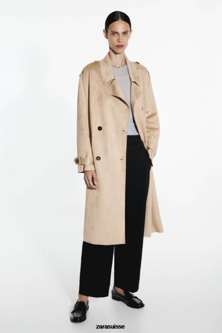 Zara vêtements P66V83 femmes manteau en faux suède marron taupe