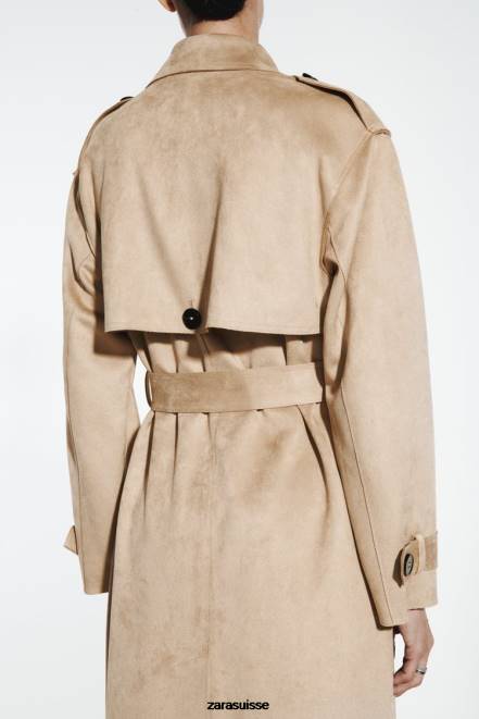 Zara vêtements P66V83 femmes manteau en faux suède marron taupe