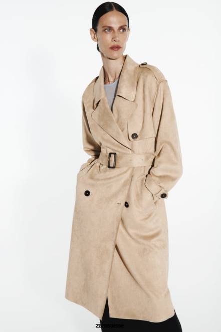 Zara vêtements P66V83 femmes manteau en faux suède marron taupe