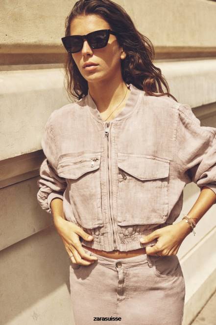 Zara vêtements P66V84 femmes bomber à poche en lin rose
