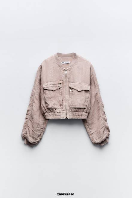 Zara vêtements P66V84 femmes bomber à poche en lin rose