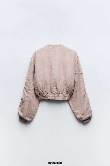 Zara vêtements P66V84 femmes bomber à poche en lin rose
