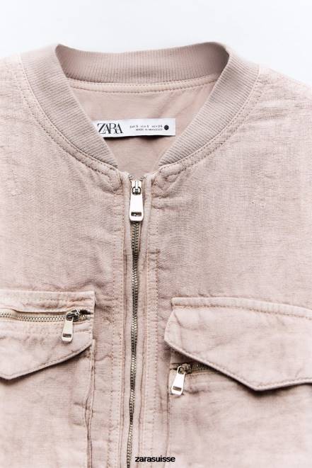 Zara vêtements P66V84 femmes bomber à poche en lin rose